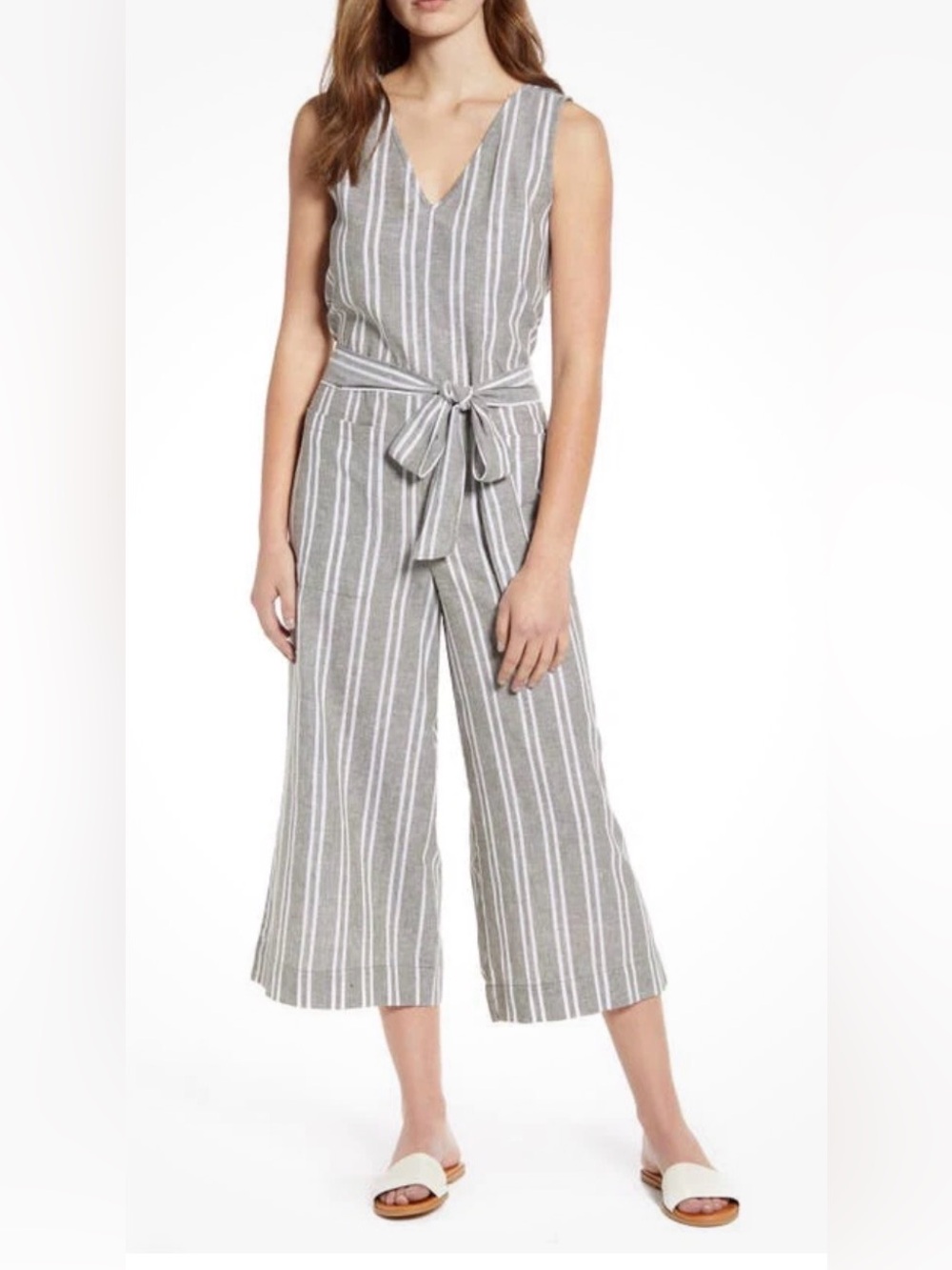 Gray & White Striped VโNeck TieโWaist Cropped Jumpsuit